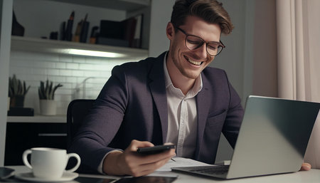 Generative AI is a young businessman sitting at home on a desk with a mobile phone and a notebook computer.の素材