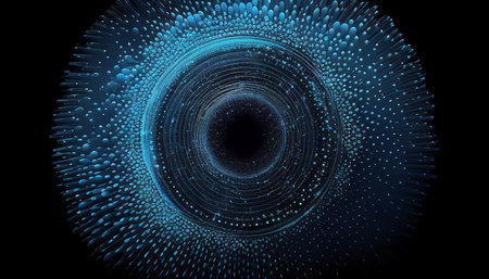 Blue wave with an abstract technology circle. Particle motion. Visualization of big data transfer, Generative AIの素材