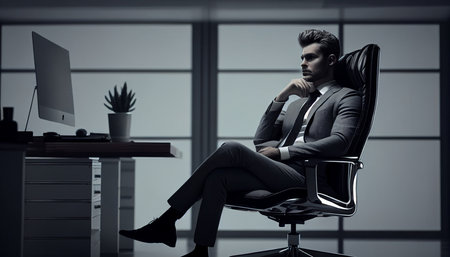 Young businessman sitting in an office chair, text space, Generative AIの素材