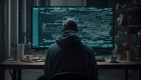 Programmers and cyber security technologies create websites and social media security, as well as cyberspace concepts and AI Generativeの素材