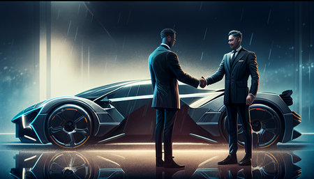 Handshakes between businesspeople successful meeting, new cutting-edge technology EV Electrified Vehicle, AI Generativeの素材