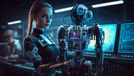 AI Generative AI female engineer training AI robot training kit and mechatronics engineering in the factory automation and robotics academy roomの素材