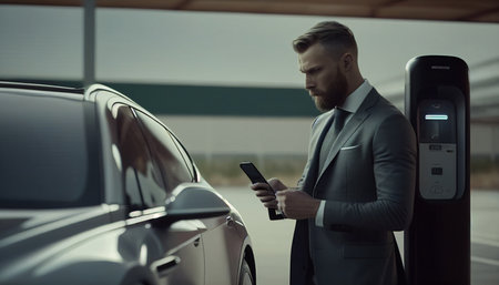 A progressive suit-clad businessman recharges his electric vehicle at a public charging station in a modern metropolis using a power cable plug and renewable energy-powered electric, AI Generative.の素材