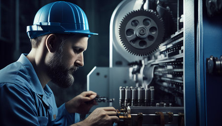 Engineer in a blue jumpsuit and white hardhat operating a lathe., AI Generativeの素材