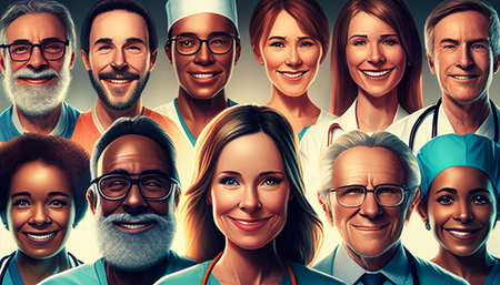 Picture of happy-smile doctors, nurses, and other hospital staff, AI Generativeの素材
