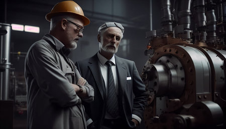Businessman and engineer discussing industrial machinery, AI Generativeの素材