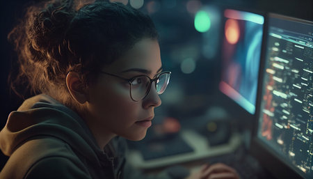 She is a brilliant programmer. A nerdy young computer programmer poring over data, software, or a network interface. AI Generative female software developer coding and concentratingの素材