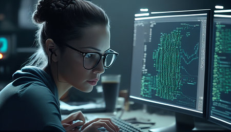 She is a brilliant programmer. A nerdy young computer programmer poring over data, software, or a network interface. AI Generative female software developer coding and concentratingの素材