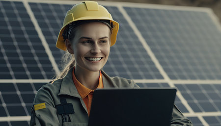 Engineer woman with a whole body smile inspects the operation of the sun and the cleanliness of photovoltaic solar panels, AI Generativeの素材
