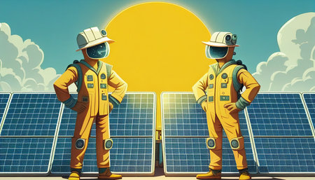 on the roof, a full-body smile engineer checks the operation of the sun and the cleanliness of photovoltaic solar panels, AI Generativeの素材