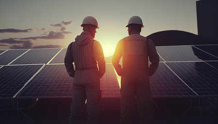 on the roof, a full-body smile engineer checks the operation of the sun and the cleanliness of photovoltaic solar panels, AI Generativeの素材