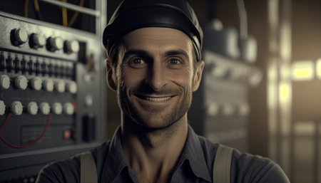 Picture of a happy black male engineer at work in the AI Generative industrial element.の素材