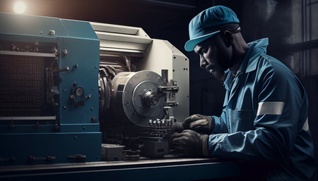 Engineer in a blue jumpsuit and white hardhat operating a lathe., AI Generativeの素材