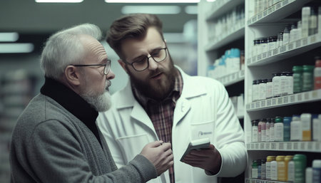 Cheerful man selects medicine with the assistance of a young pharmacist in a drugstore, AI Generativeの素材