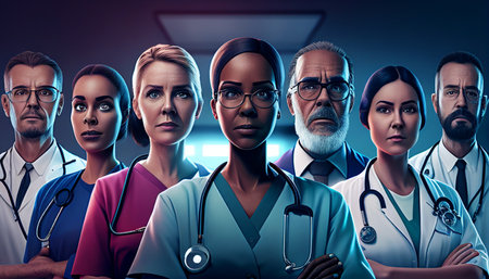 Picture of happy-smile doctors, nurses, and other hospital staff, AI Generativeの素材