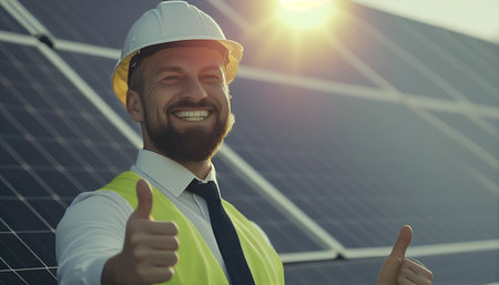 Engineer man with a smile checking the operation of the sun and the cleanliness of photovoltaic solar panels, AI Generativeの素材