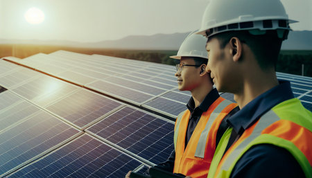on the roof, a full-body smile engineer checks the operation of the sun and the cleanliness of photovoltaic solar panels, AI Generativeの素材