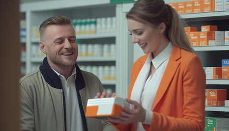 Cheerful man selects medicine with the assistance of a young pharmacist in a drugstore, AI Generativeの素材