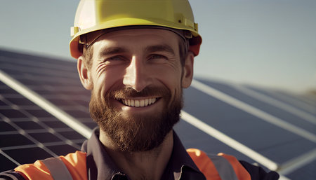 Engineer man with a smile checking the operation of the sun and the cleanliness of photovoltaic solar panels, AI Generativeの素材