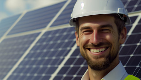 Engineer man with a smile checking the operation of the sun and the cleanliness of photovoltaic solar panels, AI Generativeの素材