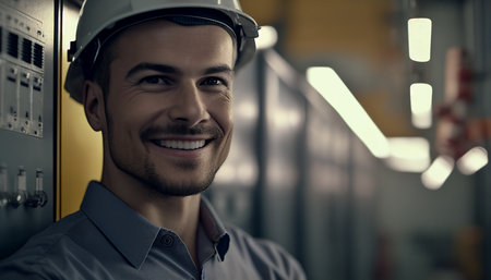 Picture of a happy black male engineer at work in the AI Generative industrial element.の素材