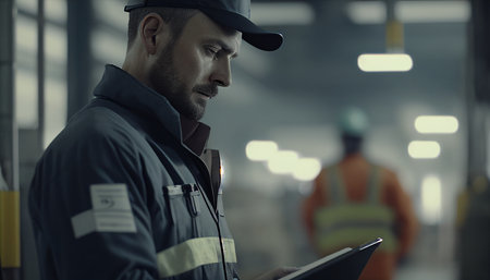 Male, professional engineer, worker Quality control, maintenance, manufacturing inspection, and warehouse storage Factory operator training, engineering man control, and AI Generativeの素材