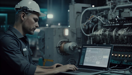 Male, professional engineer, worker Quality control, maintenance, manufacturing inspection, and warehouse storage Factory operator training, engineering man control, and AI Generativeの素材