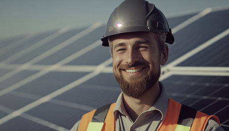 Engineer man with a smile checking the operation of the sun and the cleanliness of photovoltaic solar panels, AI Generativeの素材