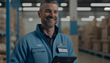 Engineer with a smile in a blue jumpsuit using a tablet at a warehouse, AI Generativeの素材