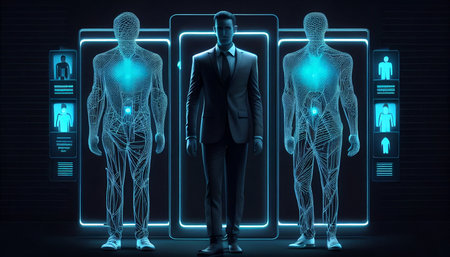 entire body Male employees use sensors to record corporate attendance time and after work, for identification verification or electronic signing, and for AI Generativeの素材
