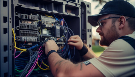 A male engineer is working outside to fix a fiber optic link, AI Generativeの素材