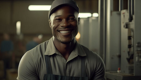 Picture of a happy black male engineer at work in the AI Generative industrial element.の素材