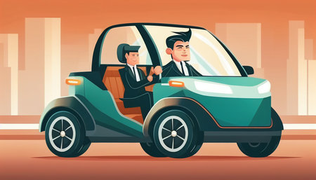 An Asian businessman drives a brand-new electric automobile. Electric vehicle. EV Vehicle. Electric vehicle, Generative AIの素材