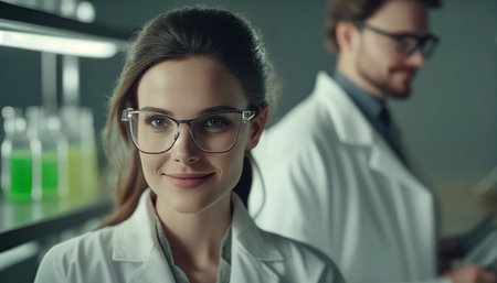 Young female scientist with a smile standing with a technician in a modern laboratory conducting medical research, Generative AIの素材