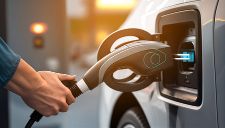 A picture of a businessman smiling When an automobile or an electric vehicle is charging at a charging station, Generative AIの素材