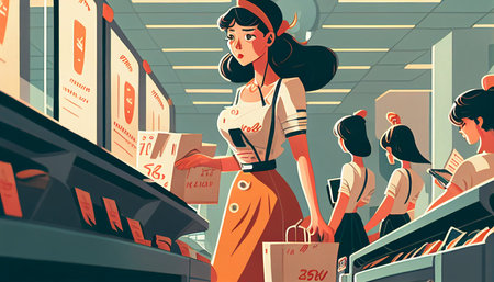 Asian ladies unloading trolleys and cashiers scanning products in the supermarket, with a young girl standing in line Generative AI, place carefully picked objects on the conveyo.の素材