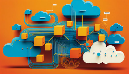 A succession of abstract images, symbols, and colors indicate a network of digital gadgets and data centers. The image depicts a vivid blue cloud, which represents cloud computing technology, on a yellow and orange gradient background. Generative AIの素材
