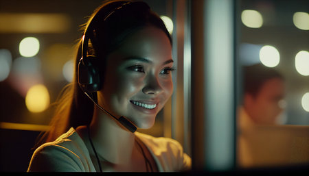 Thai asian smiling women call center company employees performing the night shift to service customers in the workplace at night, Generative AIの素材