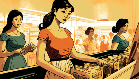 activities taking place at the grocery checkout queue Asian ladies unloading trolleys, cashiers checking products, and a girl standing in line Generative AI, place carefully picked products on the conveyor.の素材