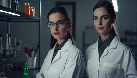 Young female scientist with a smile standing with a technician in a modern laboratory conducting medical research, Generative AIの素材