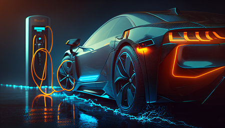 EV A car or an electric vehicle is charging at a charging station with the power cable supply linked to the blurring energy power effect, Generative AIの素材