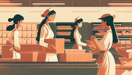 Asian ladies unloading trolleys and cashiers scanning products in the supermarket, with a young girl standing in line Generative AI, place carefully picked objects on the conveyo.の素材