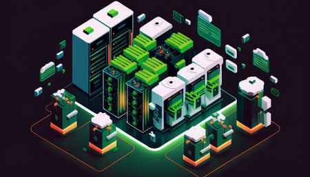 Cloud computing, an isometric representation of a modern data center with a PC, laptop, tablet, and smartphone connected to a network, Generative AIの素材