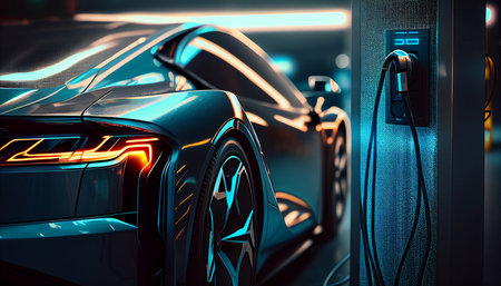 EV A car or an electric vehicle is charging at a charging station with the power cable supply linked to the blurring energy power effect, Generative AIの素材