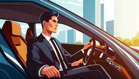 An Asian businessman drives a brand-new electric automobile. Electric vehicle. EV Vehicle. Electric vehicle, Generative AIの素材