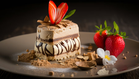 Dessert made with coffee Tiramisu biscuits and mascarpone cream, a cocoa knife and fork The top of a serving dish in a restaurant is embellished with clusters of fresh strawberries and sliced almonds. The Generative AIの素材