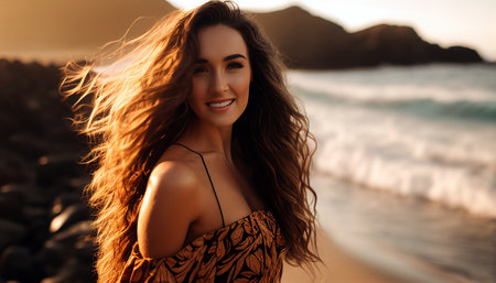 Natural full-body model with long wavy wet hair, smiling and joyful, standing near the water in Hawaii. Generative AI, portrait photography, professional photography, golden hour photographyの素材