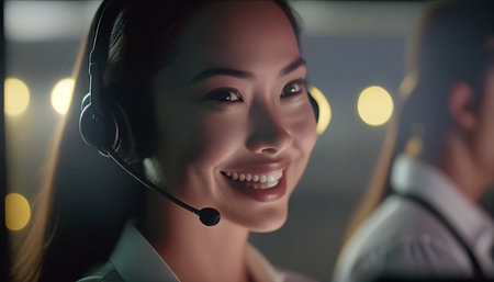 Thai asian smiling women call center company employees performing the night shift to service customers in the workplace at night, Generative AIの素材