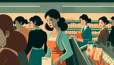 activities taking place at the grocery checkout queue Asian ladies unloading trolleys, cashiers checking products, and a girl standing in line Generative AI, place carefully picked products on the conveyor.の素材