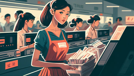 Asian ladies unloading trolleys and cashiers scanning products in the supermarket, with a young girl standing in line Generative AI, place carefully picked objects on the conveyo.の素材